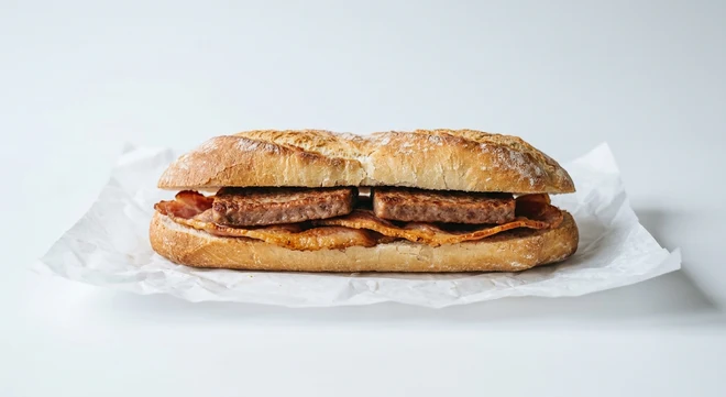 Greggs Bacon & Lorne Breakfast Baguette, hot baguette with bacon and square Lorne sausage on white paper, nutrition and calories