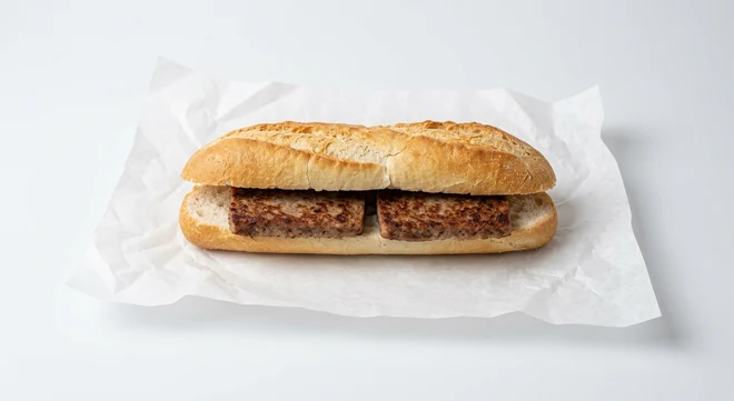 Greggs Lorne Breakfast Baguette, hot baguette with square Lorne sausage on white paper, nutrition and calories