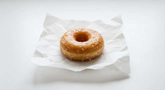 Greggs Glazed Ring Doughnut, glazed ring doughnut on white paper, nutrition and calories