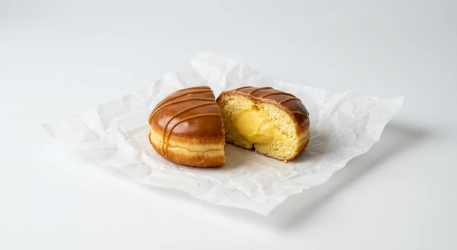 Greggs Caramel Custard Doughnut, caramel iced doughnut cut open to show caramel custard on white paper, nutrition and calories