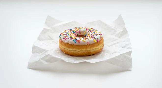 Greggs Sugar Strand Doughnut, ring doughnut with white icing and sugar strands on white paper, nutrition and calories