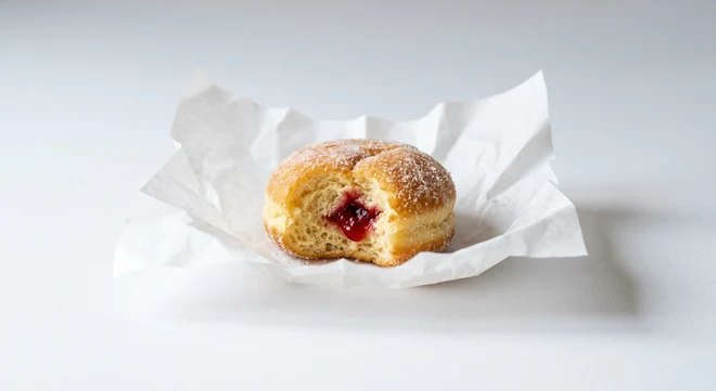 Greggs Jam Doughnut, sugared doughnut with a jam filling on white paper, nutrition and calories