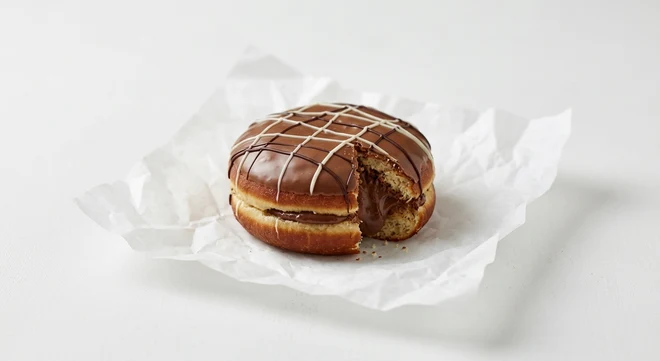 Greggs Triple Chocolate Doughnut, chocolate iced doughnut with chocolate drizzle and filling on white paper, nutrition and calories