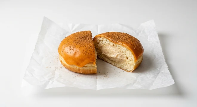 Greggs Pumpkin Spice Doughnut, orange iced doughnut cut open to show a spiced cream filling on white paper, nutrition and calories