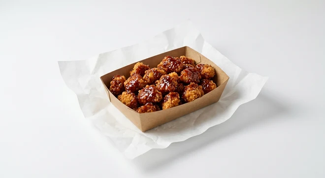 Greggs Spicy BBQ Chicken Bites, crispy chicken bites in a spicy barbecue glaze in a kraft tray on white paper, nutrition and calories