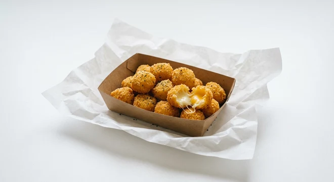 Greggs Mozzarella & Cheddar Bites, breaded mozzarella and cheddar bites in a kraft tray on white paper, nutrition and calories