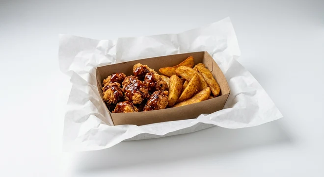 Greggs BBQ Bites Meal Box, barbecue chicken bites and potato wedges in a kraft tray on white paper, nutrition and calories