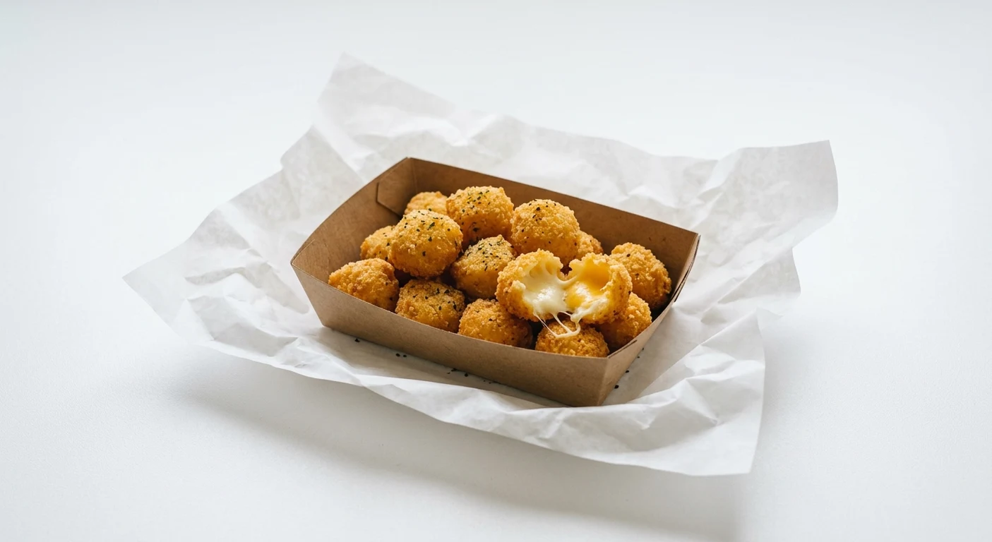 Greggs Mozzarella & Cheddar Bites, breaded mozzarella and cheddar bites in a kraft tray on white paper, nutrition and calories