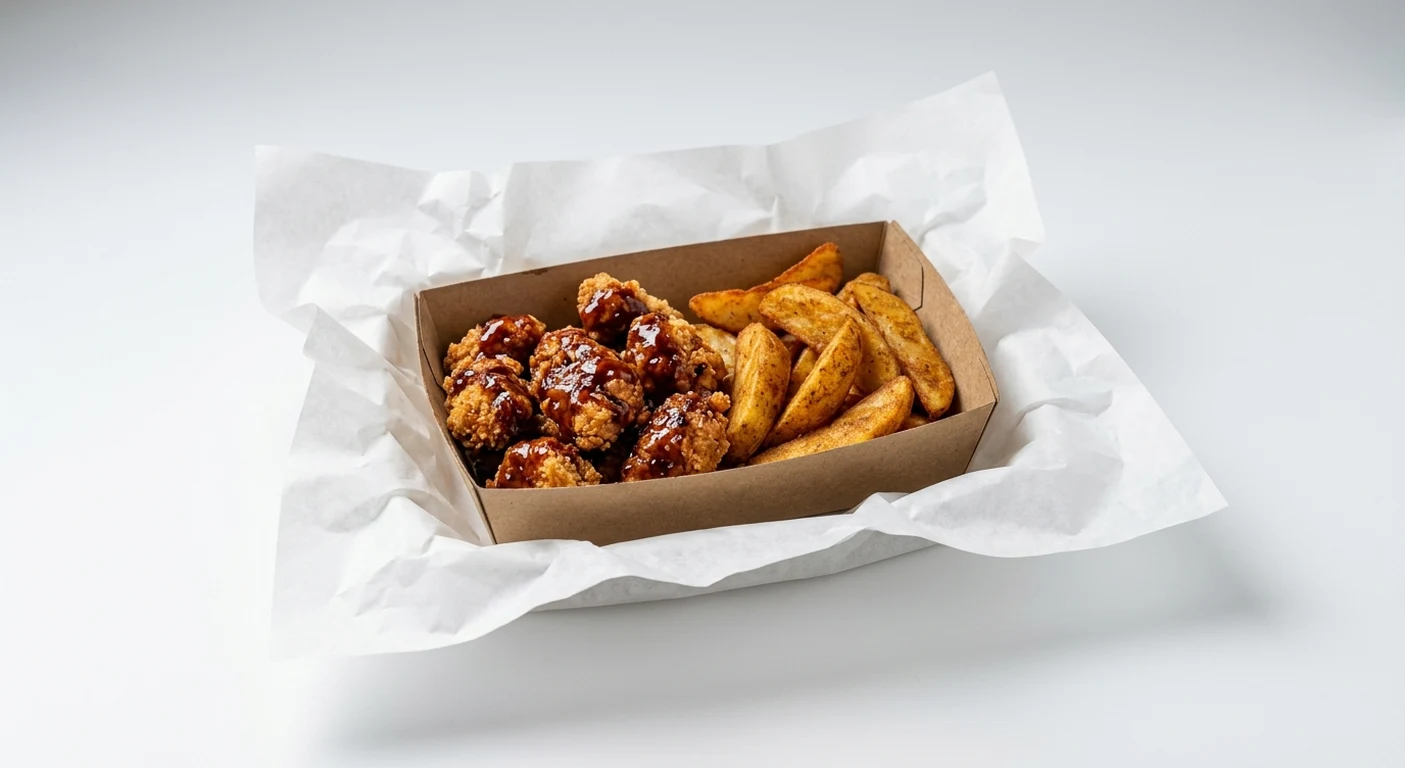 Greggs BBQ Bites Meal Box, barbecue chicken bites and potato wedges in a kraft tray on white paper, nutrition and calories