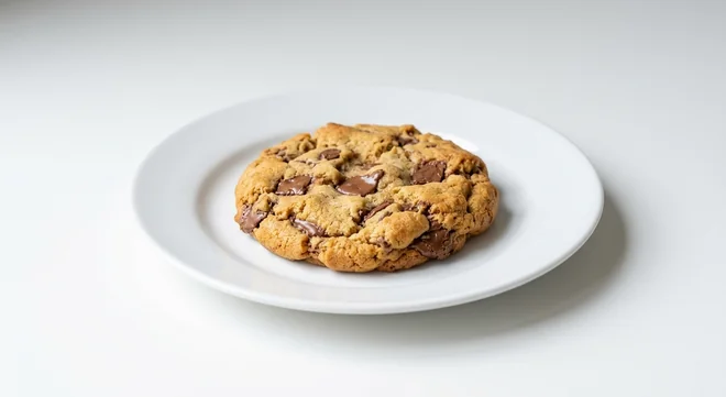 Caffè Nero Milk Chocolate Chunk Cookie, soft-baked cookie with milk chocolate chunks on a white plate, nutrition and calories