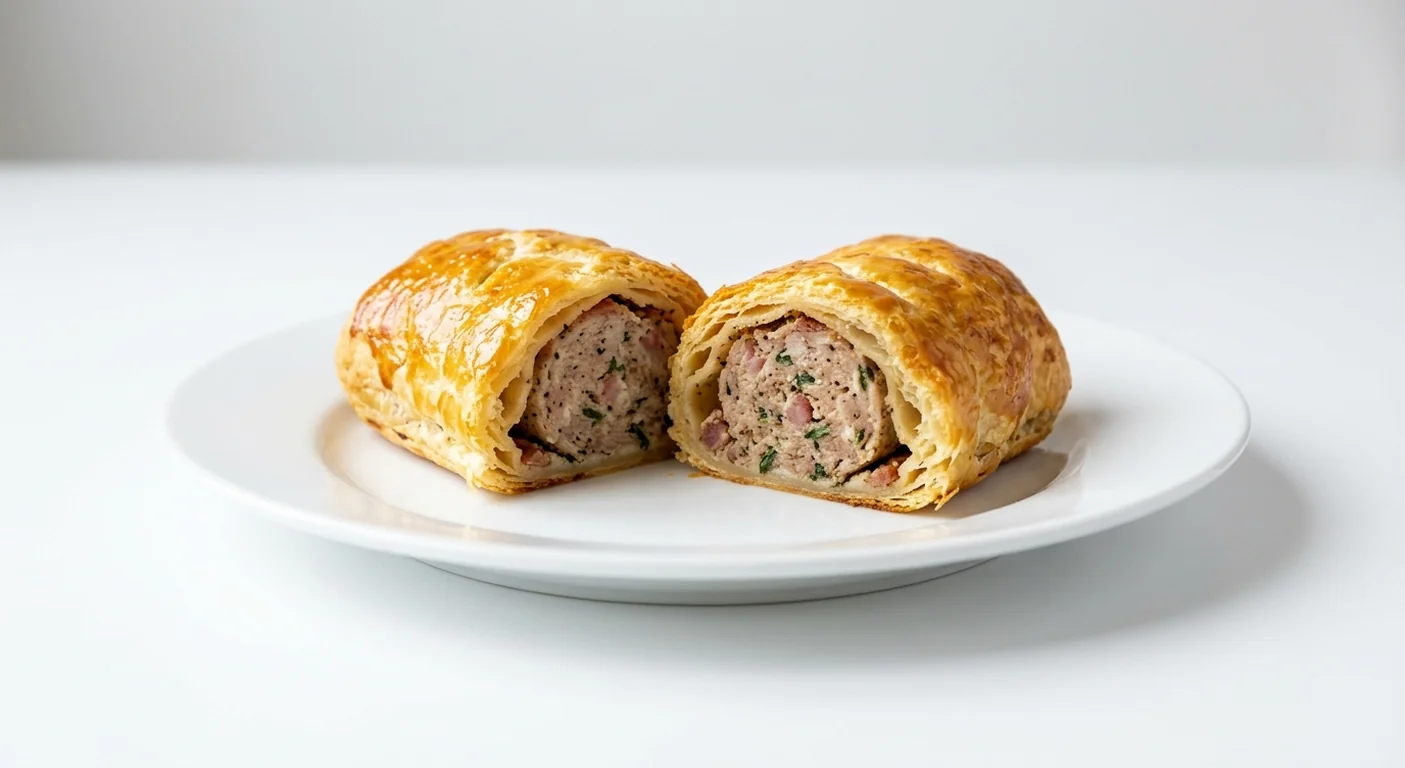 Caffè Nero Pork & Pancetta Sausage Roll, puff pastry sausage roll cut to show pork and pancetta filling, nutrition and calories