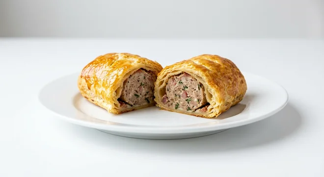 Caffè Nero Pork & Pancetta Sausage Roll, puff pastry sausage roll cut to show pork and pancetta filling, nutrition and calories