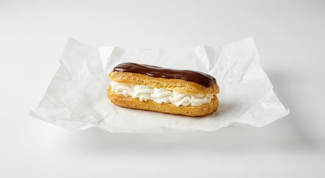 Greggs Cream Éclair, chocolate topped éclair filled with cream on white paper, nutrition and calories