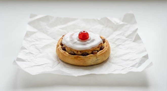 Greggs Belgian Bun, iced Belgian bun with sultanas and a glacé cherry on white paper, nutrition and calories