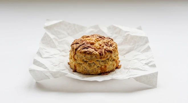 Greggs Cheese Scone, round scone with a baked cheese top on white paper, nutrition and calories