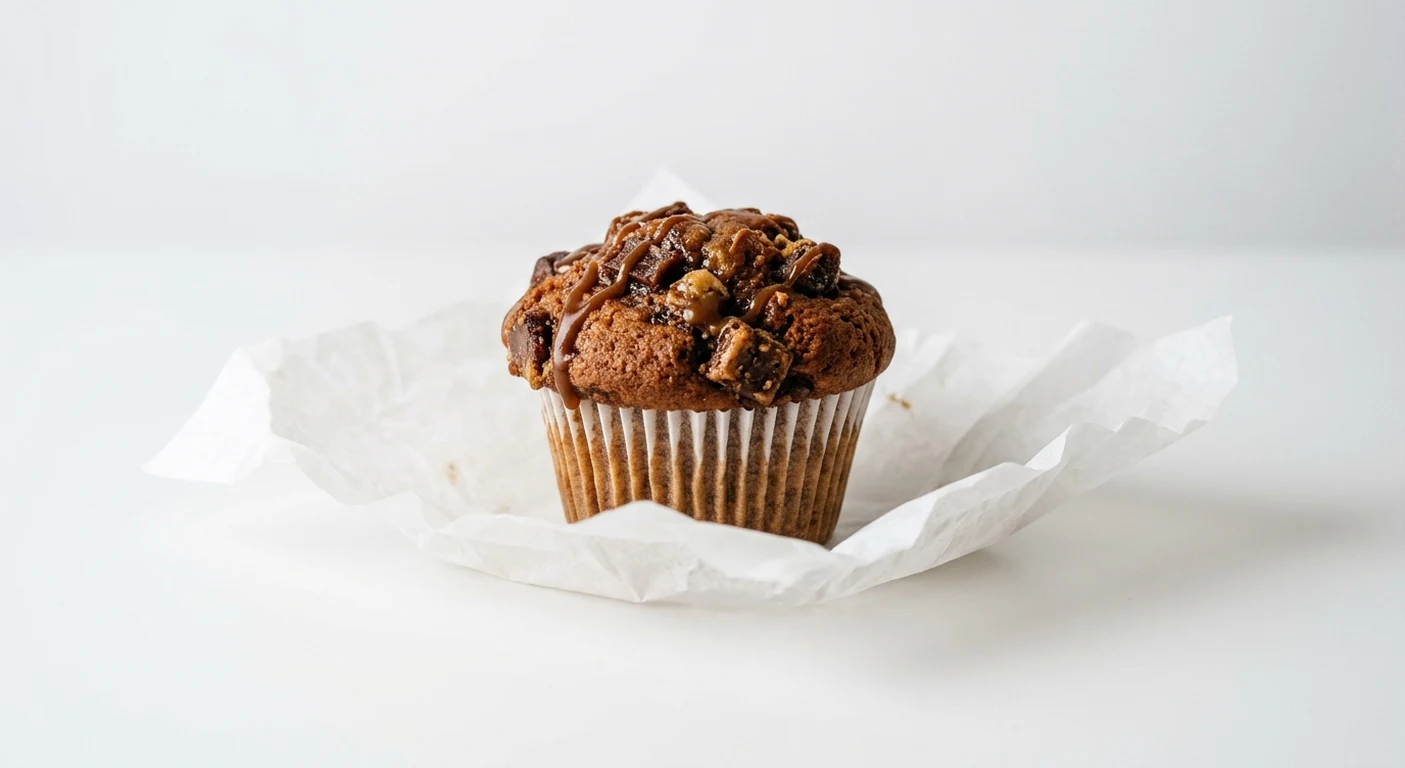 Greggs Bonfire Toffee Muffin, muffin topped with dark toffee pieces on white paper, nutrition and calories
