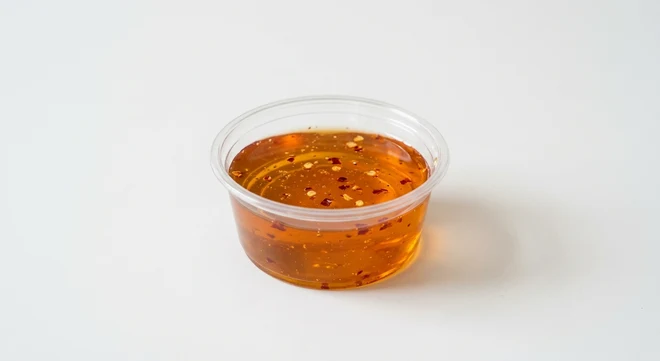 Greggs Hot Honey, honey with chilli flakes in a clear dip pot, nutrition and calories