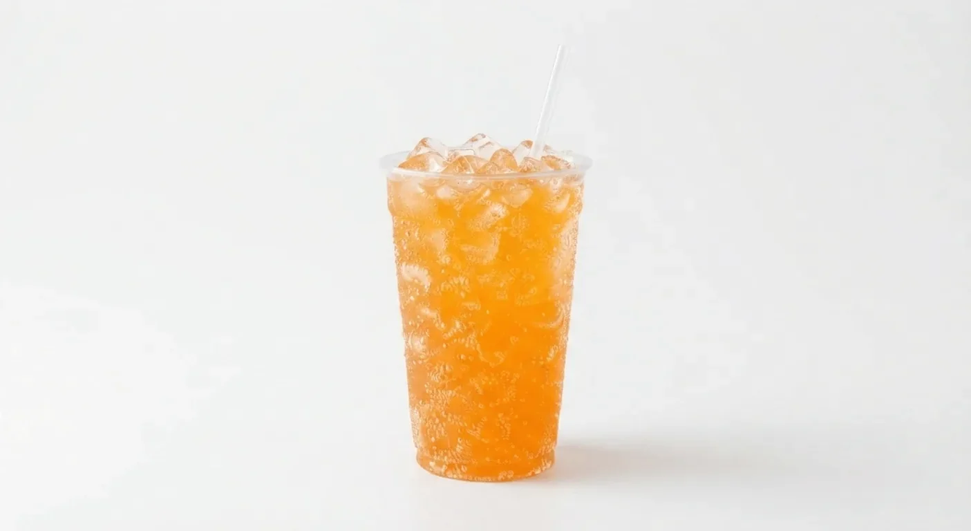 Taco Bell Tango Orange (Can), orange fizzy drink over ice in a clear cup with a straw, nutrition and calories