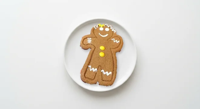 Caffè Nero Gingerbread Biscuit, iced gingerbread biscuit with yellow buttons and white icing on a white plate, nutrition and calories