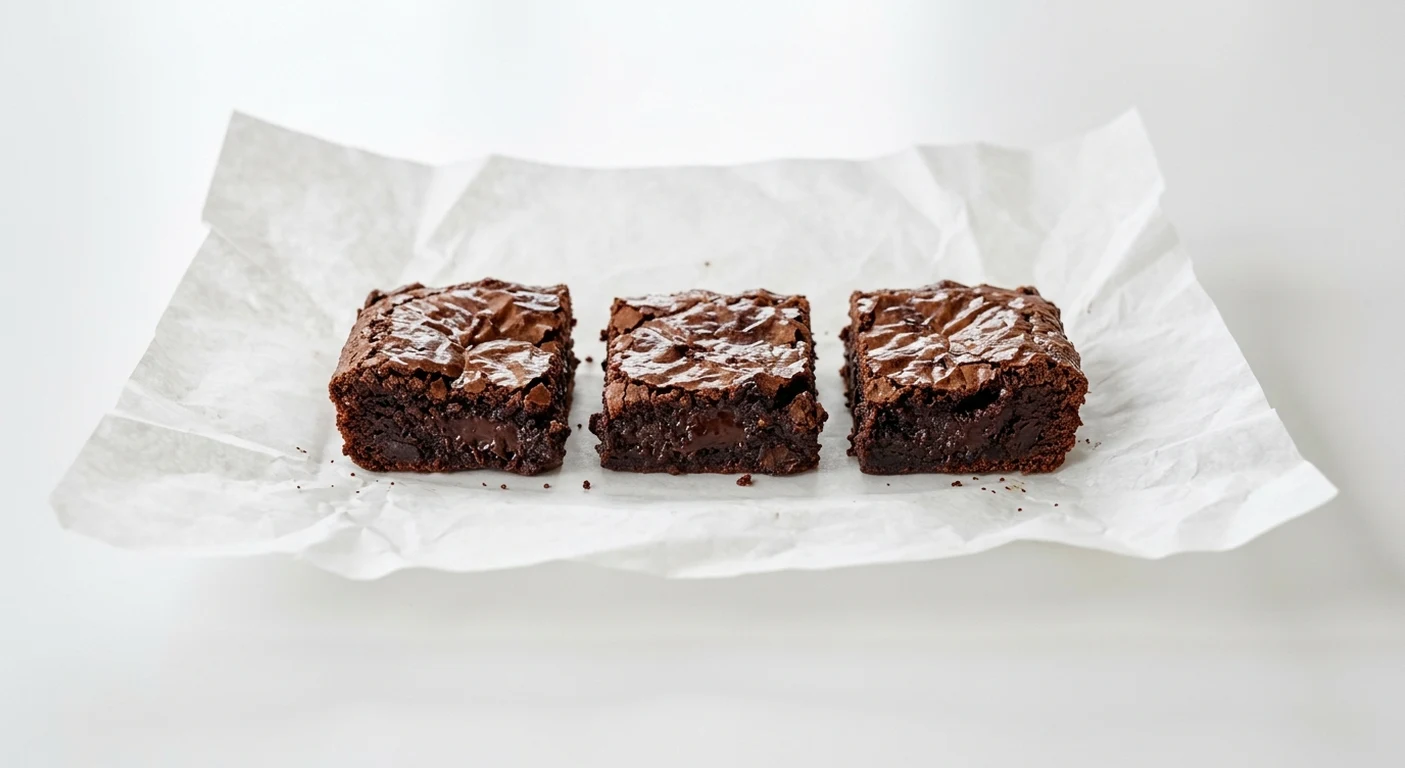 Greggs Hot Chocolate Brownies, three warm fudgy chocolate brownies on white paper, nutrition and calories