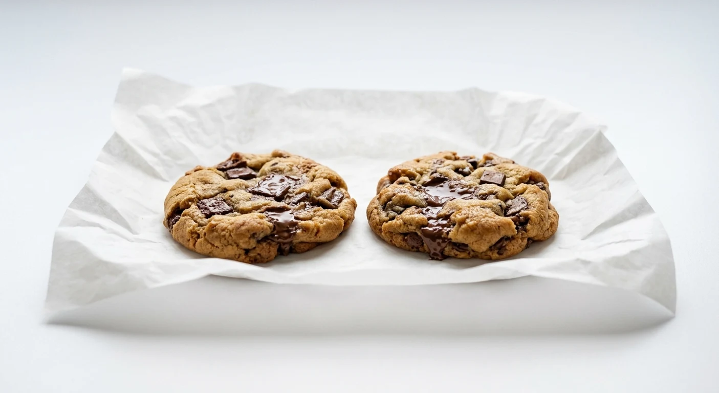 Greggs Hot Milk Chocolate Cookies, two warm milk chocolate chunk cookies on white paper, nutrition and calories