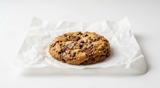 Greggs Milk Chocolate Cookie, golden cookie with milk chocolate chunks on white paper, nutrition and calories