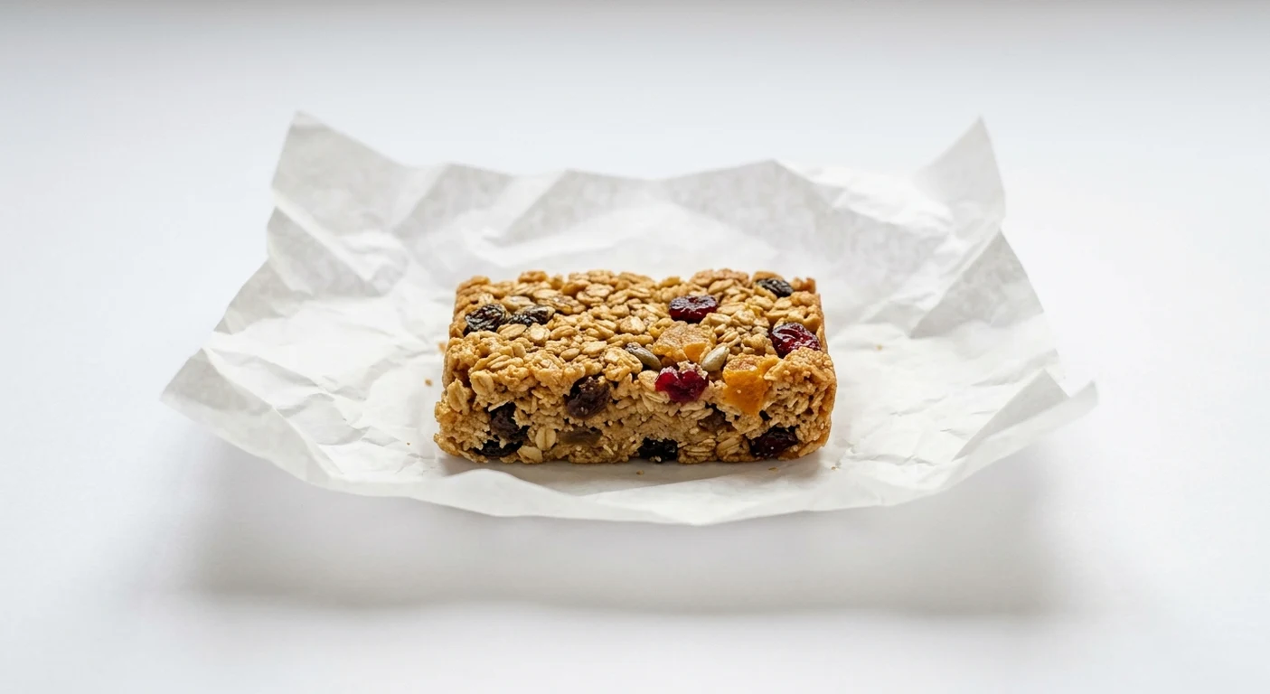 Greggs Fruity Flapjack, oat flapjack with dried fruit on white paper, nutrition and calories