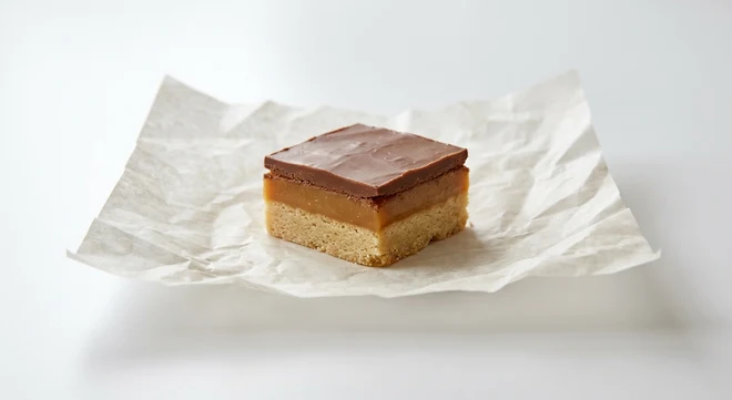 Greggs Milk Chocolate Caramel Shortbread, caramel shortbread square with a milk chocolate top on white paper, nutrition and calories