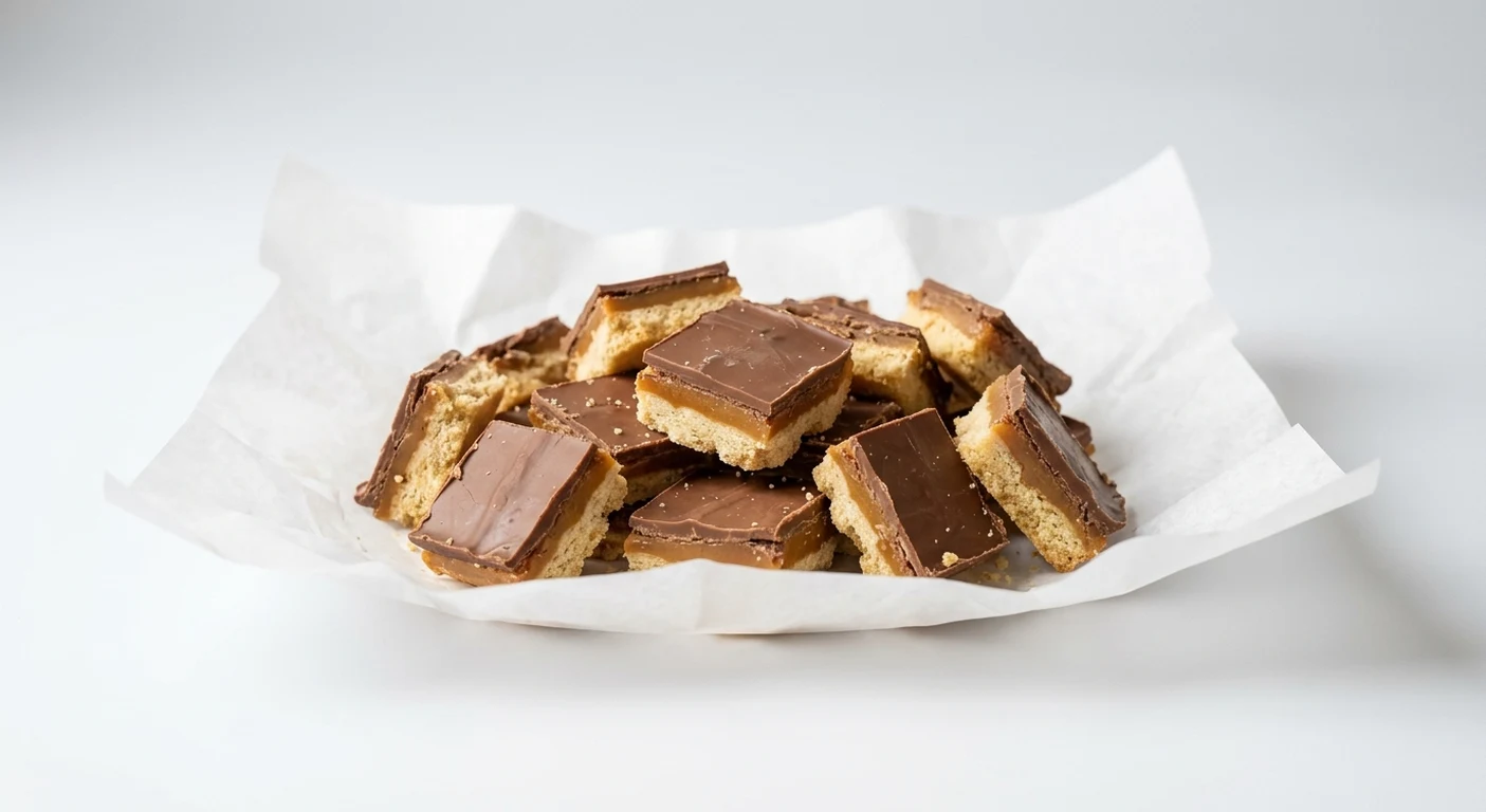 Greggs Milk Chocolate Caramel Shortbread Offcuts Bag, a heap of caramel shortbread offcuts on white paper, nutrition and calories