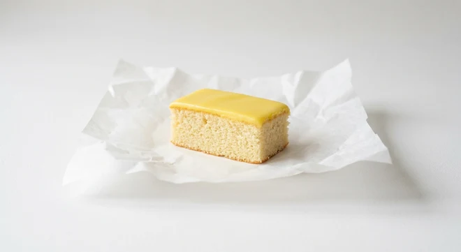 Greggs Pineapple Cake, sponge slice with yellow pineapple icing on white paper, nutrition and calories