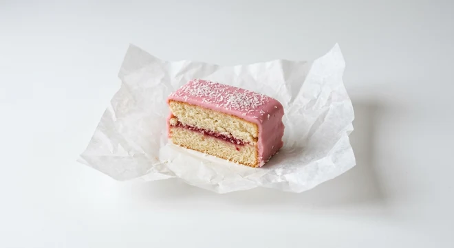 Greggs Peach Melba, sponge and jam slice with pink icing and coconut on white paper, nutrition and calories