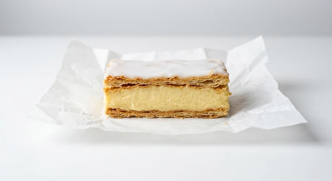 Greggs Vanilla Custard Slice, puff pastry slice with vanilla custard and white icing on white paper, nutrition and calories