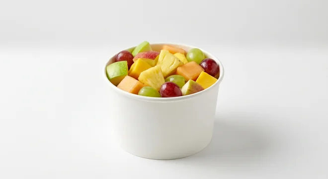 Caffè Nero Fruit Salad, apple, pineapple, melon, mango and grapes in a white pot, nutrition and calories
