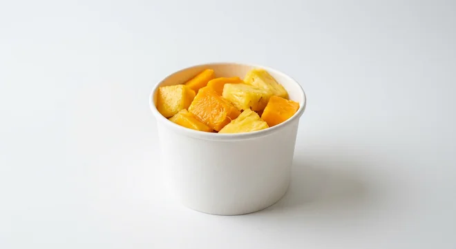 Caffè Nero Mango & Pineapple Fruit Pot, mango and pineapple chunks in a white pot, nutrition and calories