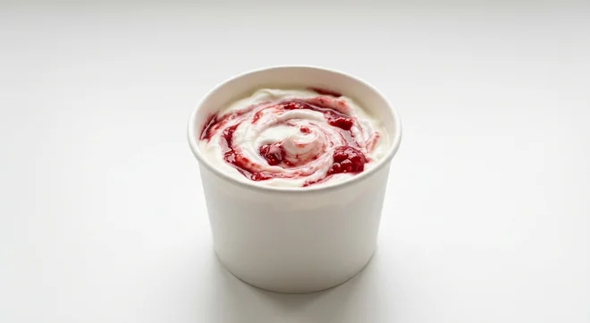 Caffè Nero Tim's Raspberry Yogurt, Greek style yoghurt swirled with raspberry in a white pot, nutrition and calories