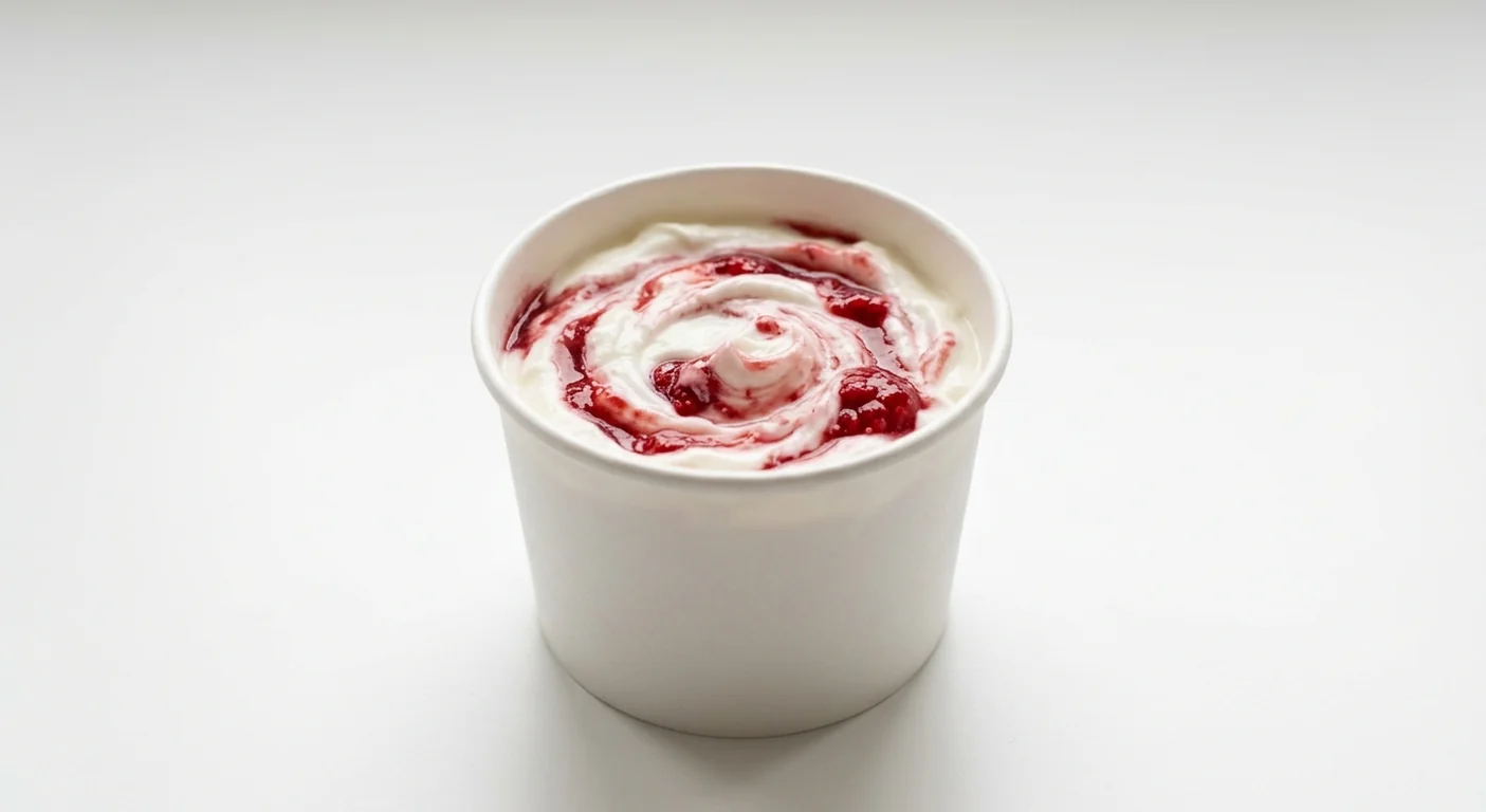 Caffè Nero Tim's Raspberry Yogurt, Greek style yoghurt swirled with raspberry in a white pot, nutrition and calories