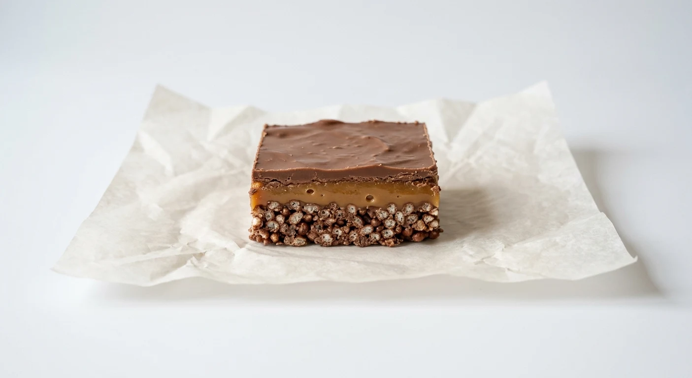 Greggs Caramel Crispy, caramel crispy square with a milk chocolate top on white paper, nutrition and calories