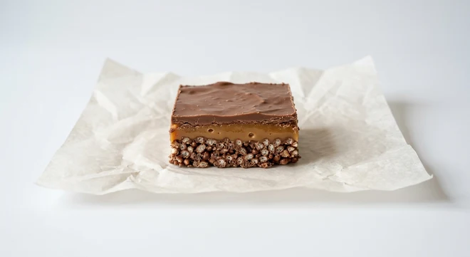 Greggs Caramel Crispy, caramel crispy square with a milk chocolate top on white paper, nutrition and calories