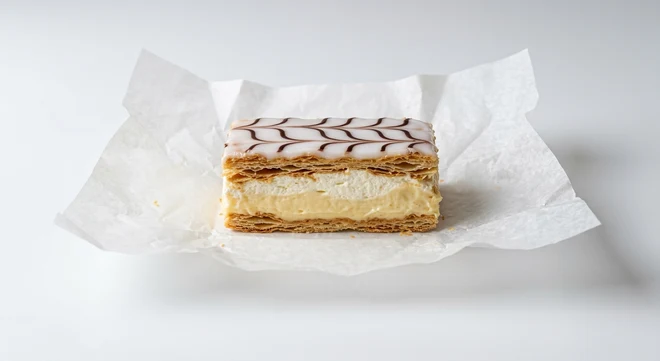 Greggs Bavarian Slice, puff pastry slice with custard, cream and feathered icing on white paper, nutrition and calories