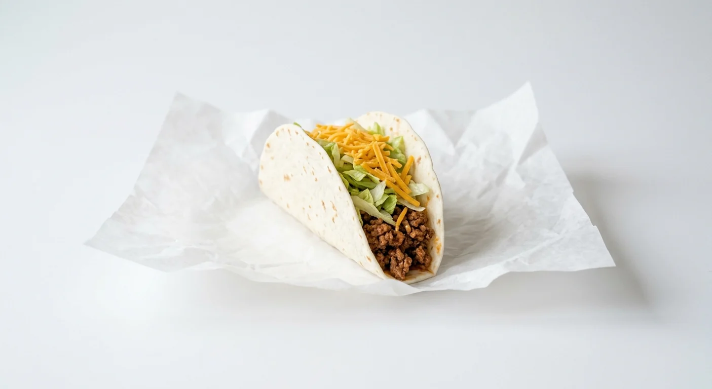 Taco Bell Soft Taco - Beef, soft flour taco with seasoned beef, lettuce and cheddar on white paper, nutrition and calories