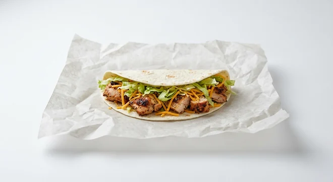 Taco Bell Soft Taco - Grilled Chicken, soft flour taco with grilled chicken, lettuce and cheddar on white paper, nutrition and calories