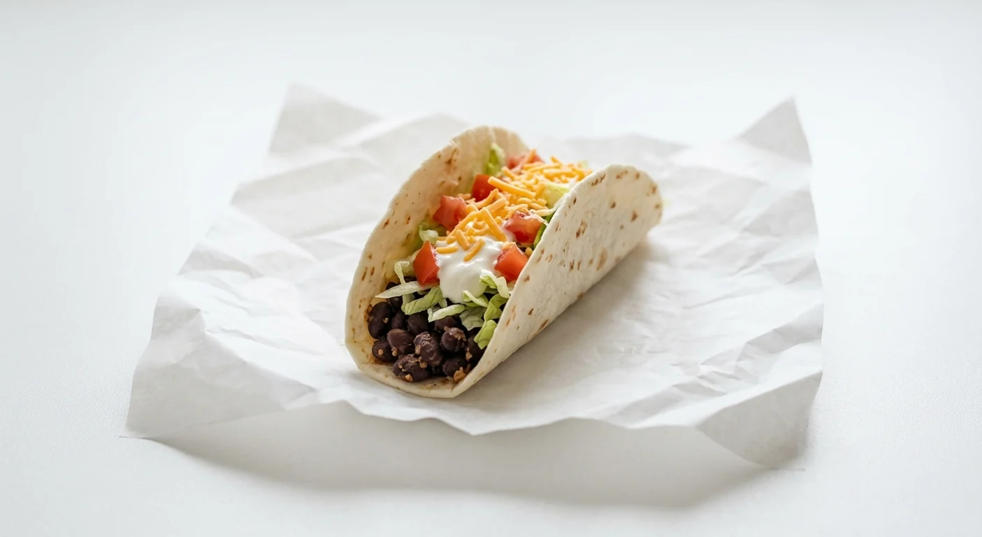 Taco Bell Soft Taco Supreme - Black Beans, soft flour taco with black beans, lettuce, tomato, sour cream and cheddar on white paper, nutrition and calories