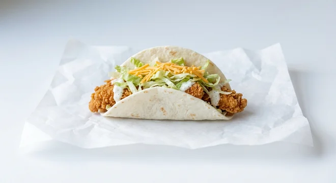 Taco Bell Crispy Chicken Soft Taco, soft flour taco with crispy chicken, ranch sauce, lettuce and cheddar on white paper, nutrition and calories