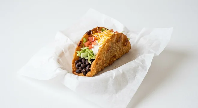 Taco Bell Chalupa Supreme - Black Bean, fried chalupa shell with black beans, lettuce, tomato, sour cream and cheese on white paper, nutrition and calories
