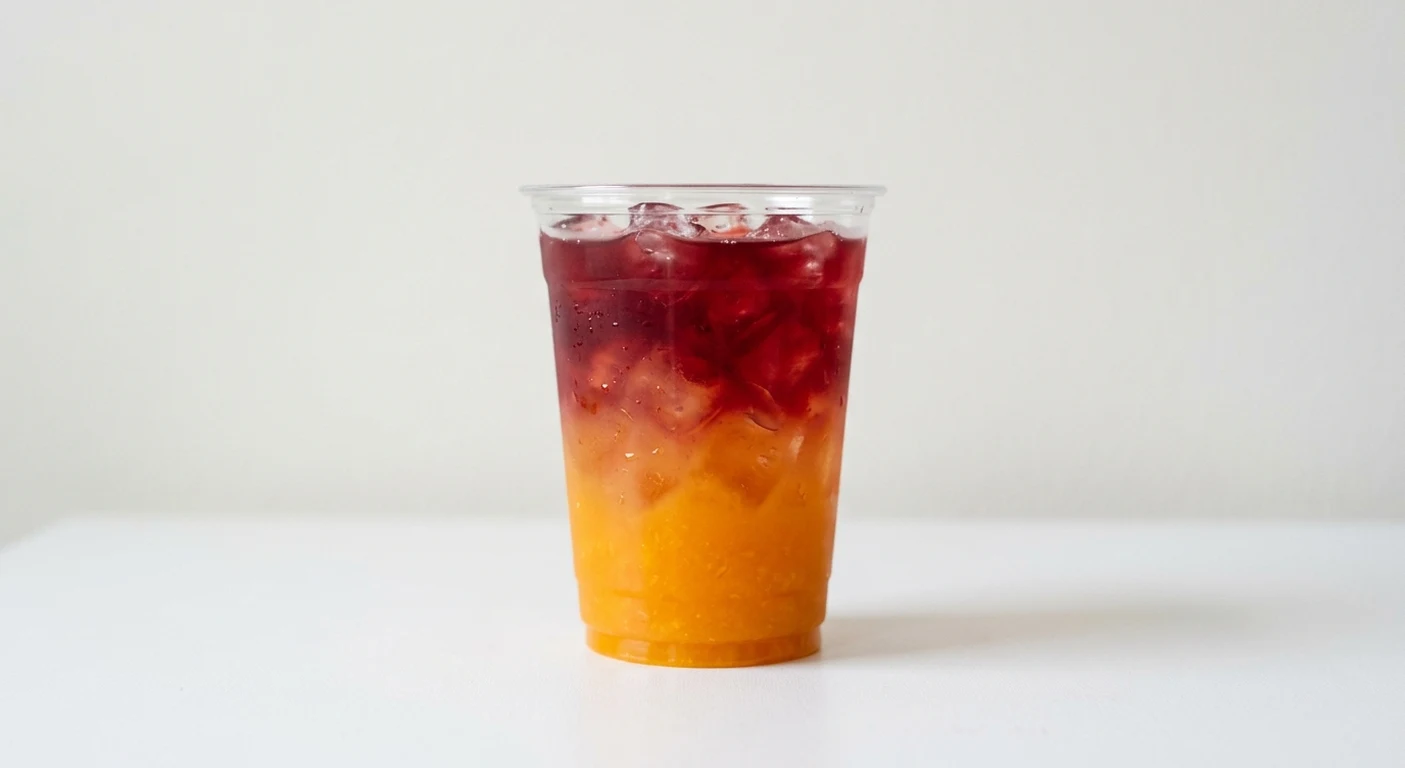 Greggs Cherry & Mango Cooler, layered cherry and mango cooler over ice in a clear cup, nutrition and calories