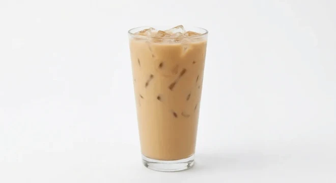 Greggs Iced Caramel Latte, iced caramel latte over ice in a clear cup, nutrition and calories