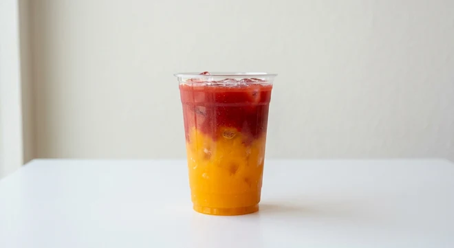 Greggs Mango & Strawberry Cooler, layered mango and strawberry cooler over ice in a clear cup, nutrition and calories