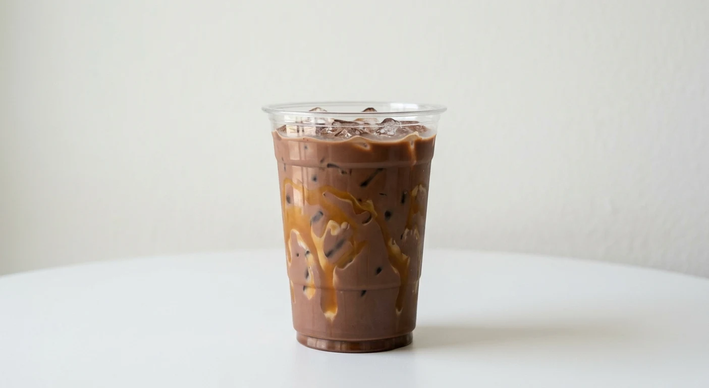 Greggs Iced Caramel Chocolate, iced chocolate with caramel swirls in a clear cup, nutrition and calories