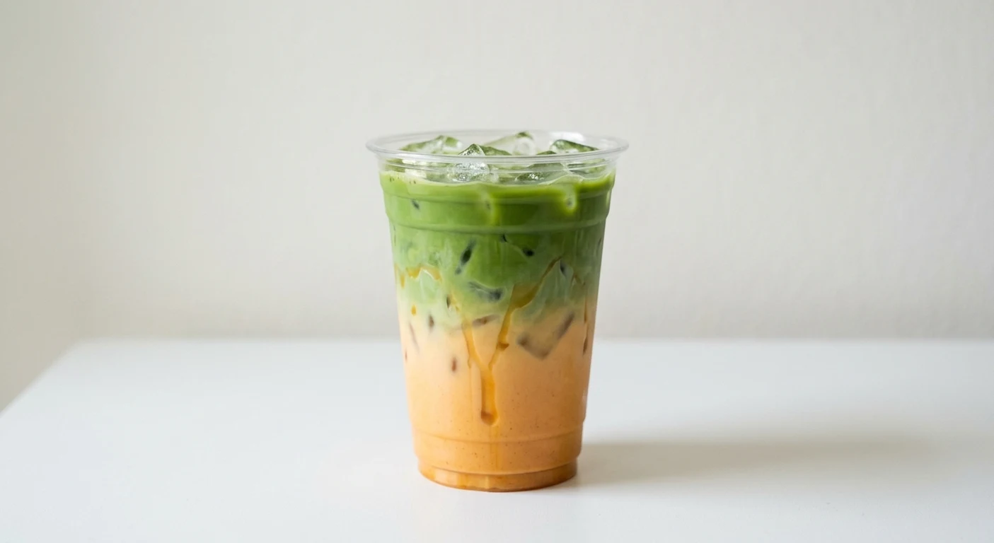 Greggs Pumpkin Spice Iced Matcha Latte with Salted Caramel Drizzle, layered pumpkin spice milk and matcha with a caramel drizzle in a clear cup, nutrition and calories