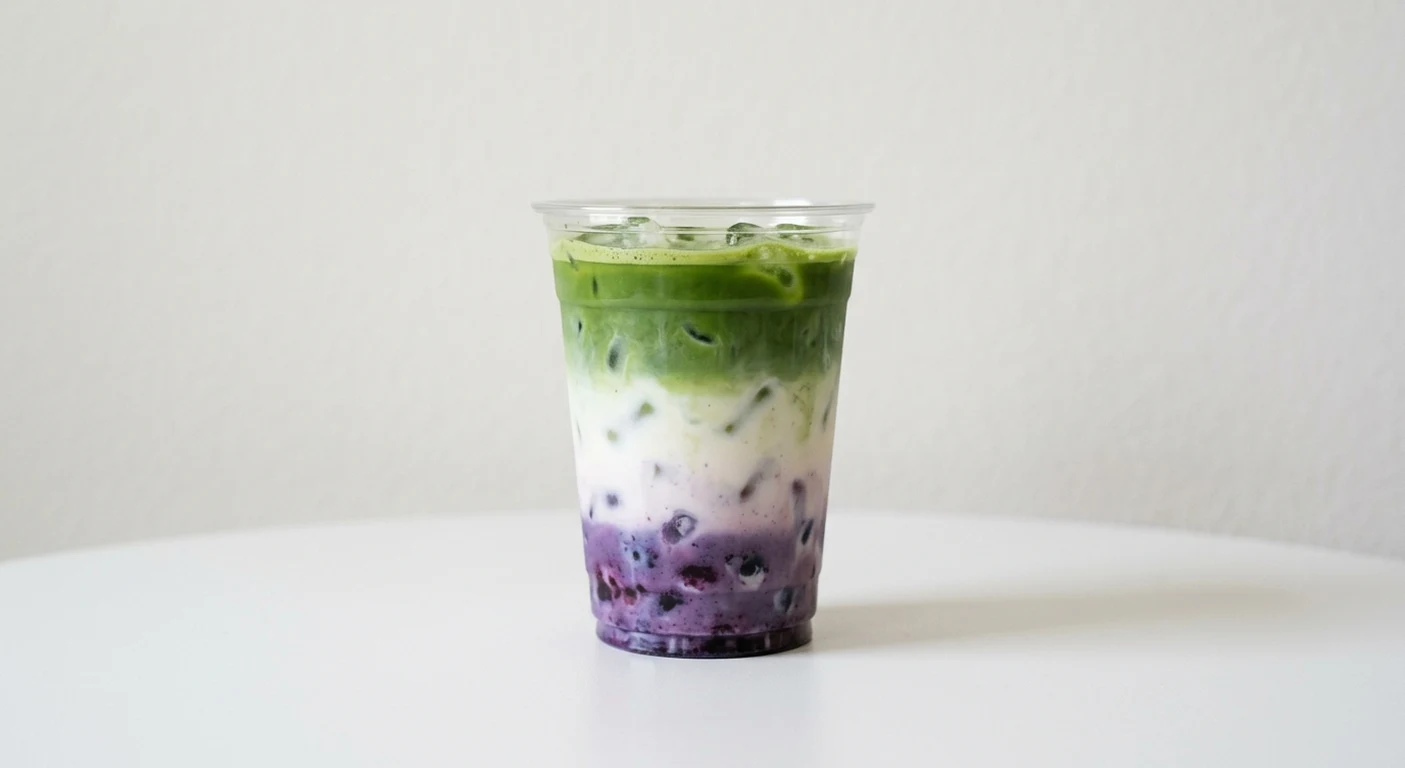 Greggs Blueberry Iced Matcha Latte, layered blueberry, milk and matcha over ice in a clear cup, nutrition and calories